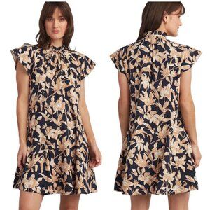 Ellen Tracy Linen Blend Raglan Sleeve Dress in Navy and Tan Floral Size Medium